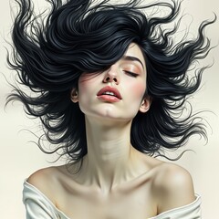 Fototapeta premium Woman with serene face, flowing black hair. Beautiful lady with closed eyes. Peaceful, calm pose. Elegant, graceful. Digital art illustration. Relaxing image. Aethereal beauty. Feminine, tranquil