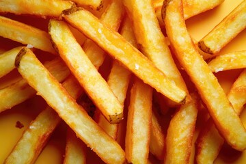 A pile of French fries served on a bright yellow plate, ready for snacking
