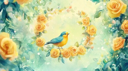 Watercolor Painting of a Bird Among Yellow Roses