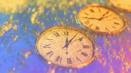 Vintage clock faces with roman numerals on blue and gold textured background. Time concept with artistic paint effect. Dreamy nostalgic mood for designs with copy space