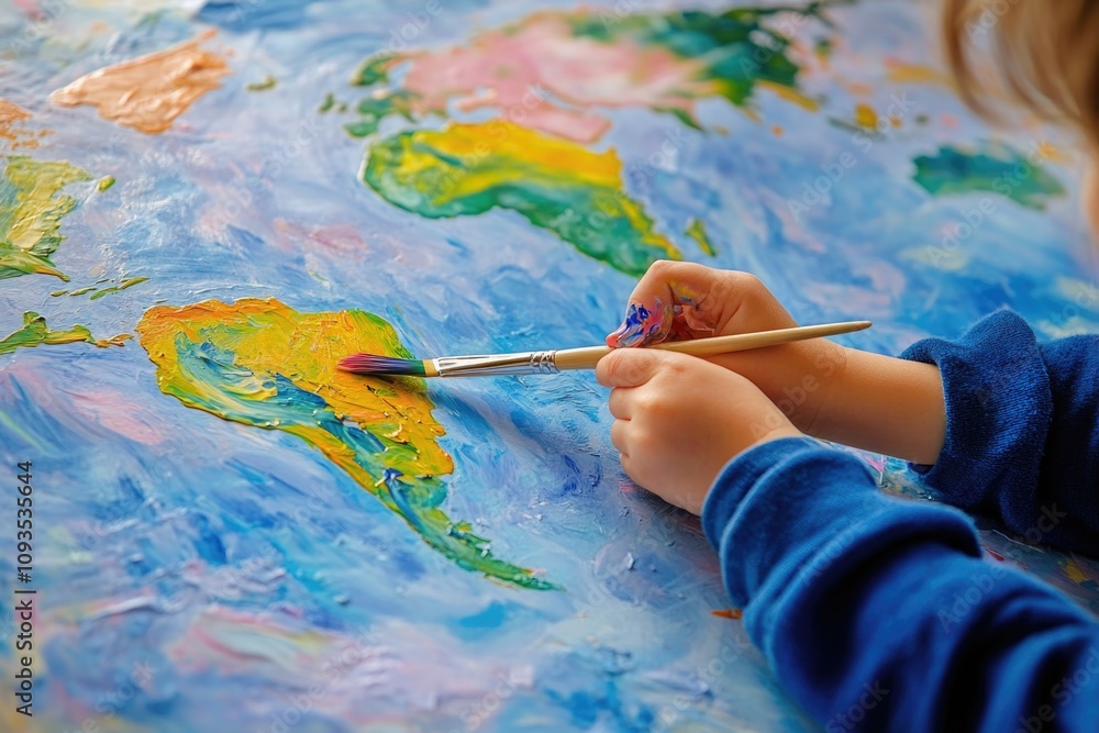 Poster a child is creatively painting a world map on a canvas, exploring geography and art skills
