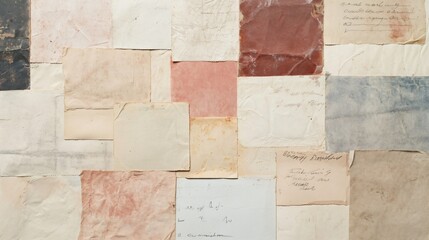 Vintage paper collage with pastel tones. Abstract textured patchwork of old documents and notes. Nostalgic rectangular shapes in pink, cream and blue shades. Artistic background with copy space