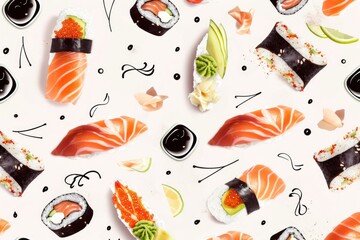 Naklejka premium Fresh sushi and ripe avocado on a clean white surface, perfect for food photography or culinary themed projects