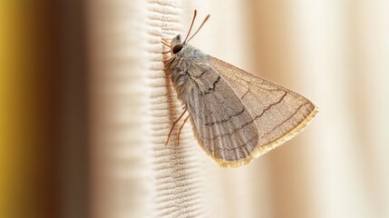 Close-up of a moth resting on a curtain