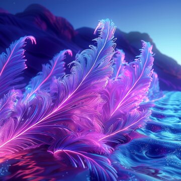 Delicate 3D plumes of neon light resembling feathers flowing in an abstract landscape znd sea