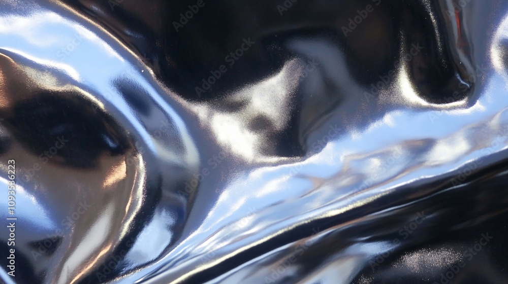 Poster metallic chrome liquid texture with smooth ripples and waves. shiny reflective silver surface with f