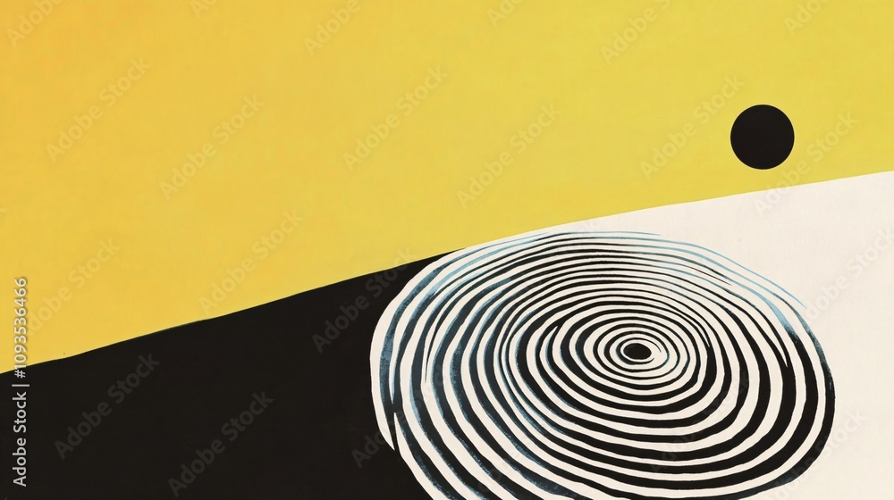 Poster minimalist geometric composition with spiral pattern. black and white circular design on yellow back