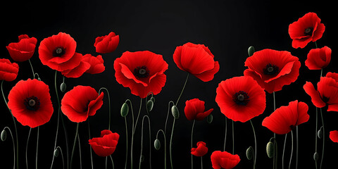 Bright red poppies on a black background, symbolizing remembrance and respect for sacrifice. high quality