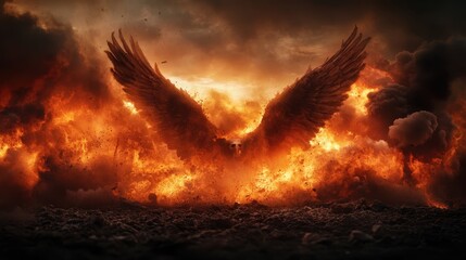 A dramatic depiction of a winged creature emerging from engulfing flames, evoking a sense of power, rebirth, and mythological symbolism against a fiery backdrop.