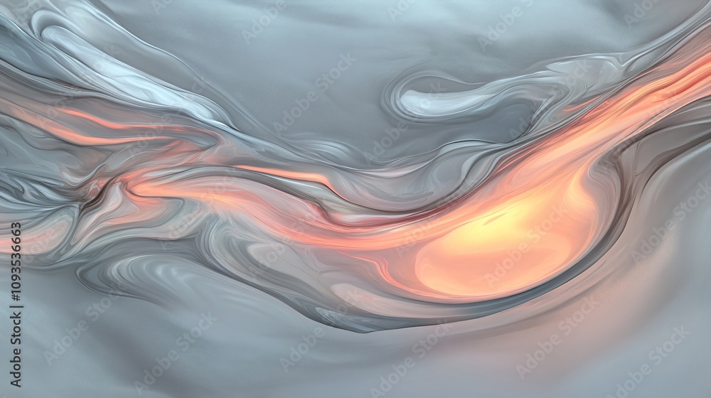 Poster abstract fluid art with glowing orange light effect on gray background. flowing dynamic waves patter
