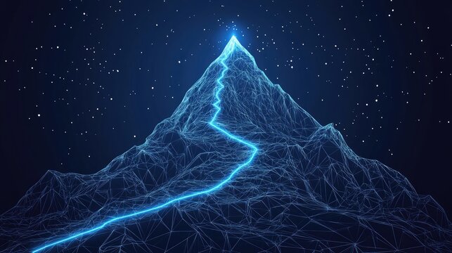 Abstract polygonal mountain peak with glowing path.