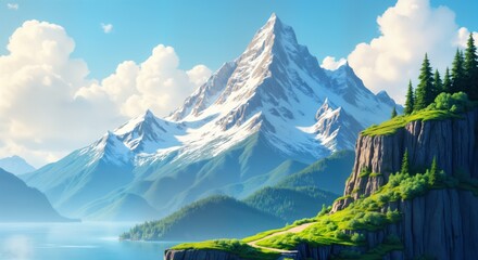 Majestic snowy mountain peak with rich green cliff face. Sunny day with clouds in sky over serene landscape. Tranquil view of beautiful valley, lake at foot of mountains. Hiking trails wind along