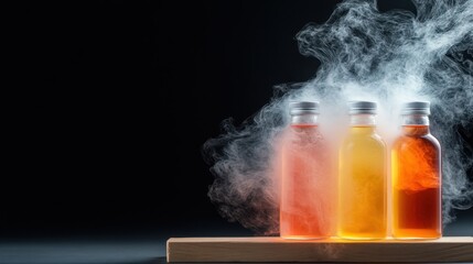 Three glass bottles stand on a wooden board, with vibrant colors and swirling smoke around them, creating an innovative and artistic visual composition.