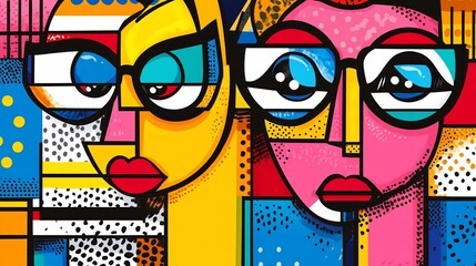 Abstract colorful cubist portrait of two women wearing glasses.