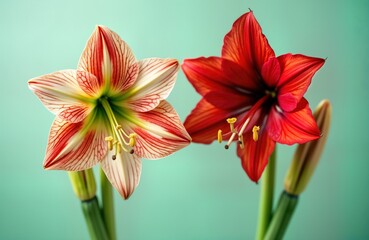 Close-up of two amaryllis flowers. One red, white with red stripes. Flowers in bloom, displayed against soft teal background. Botanical close-up beauty of Dutch flowers. Amaryllis variety ideal for