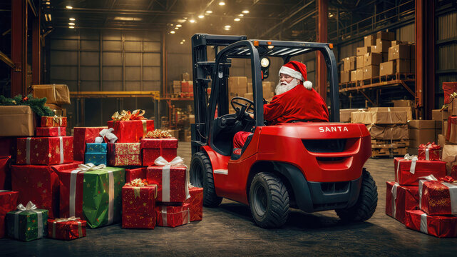 Santa is driving a forklift in a warehouse of presents