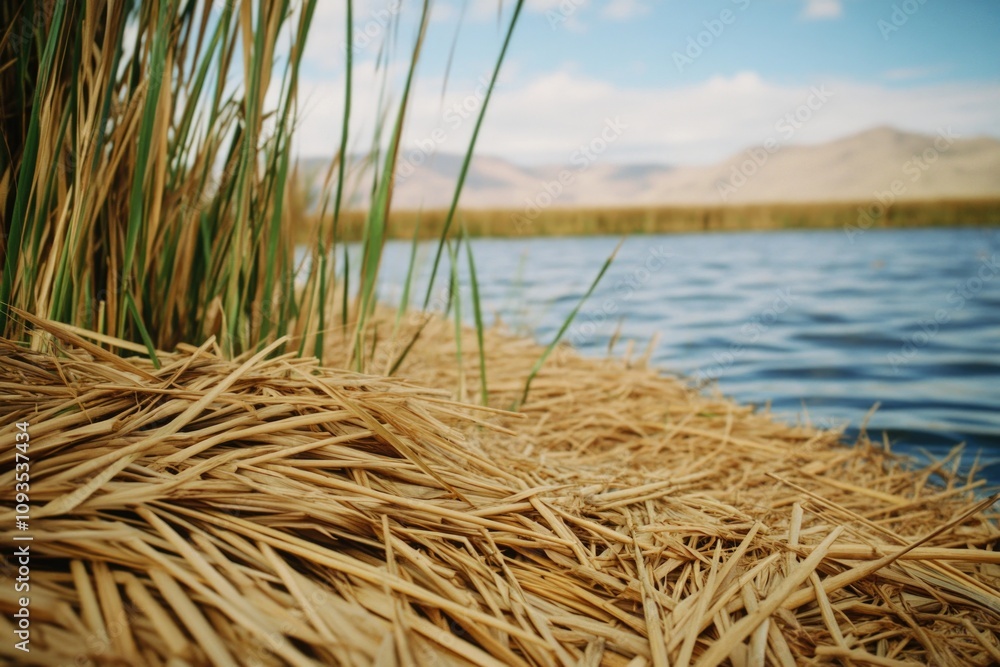 Poster a pile of dry grass lies next to a calm body of water, perfect for adding a natural touch to your de