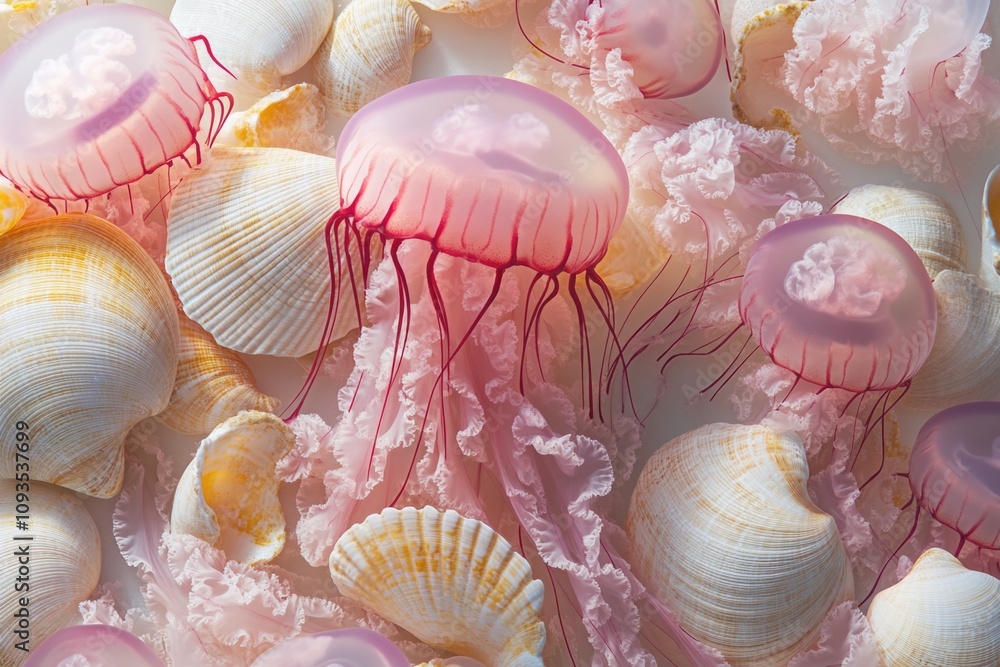 Poster jellyfish floating near beach with sea shells scattered around, suitable for ocean or beach themed p