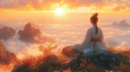 Obraz premium A serene figure meditates on a mountain peak, surrounded by clouds and a vibrant sunset.