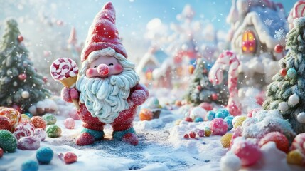 Festive Snow Covered Gnome Holding Candy Cane In Winter Village