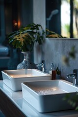 Fototapeta premium Two white sinks placed on a countertop, suitable for kitchen or bathroom interior design concepts