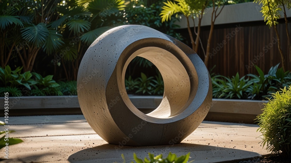 Poster here's a possible response formatted as requested.. abstract concrete sculpture in a lush garden set