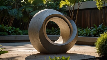 Here's a possible response formatted as requested.. Abstract concrete sculpture in a lush garden setting. Sunlight illuminates the smooth, grey form.