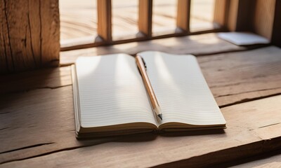 Fototapeta premium Open Notebook with a simple pencil on a rustic wooden table