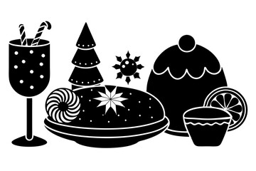 Christmas Festive Dishes and Desserts Set, Traditional Holiday Meal Vector Illustration.on white