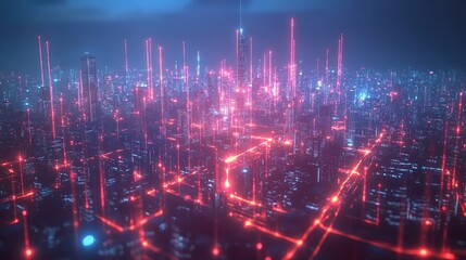 Obraz premium Futuristic city at night with glowing red network lines.