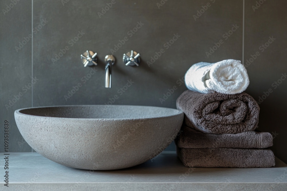 Poster a standard-sized bathroom sink with a stack of towels on top