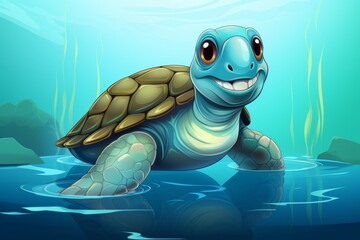 Cheerful cartoon turtle on white background playfully stretching out paw to invite others to play