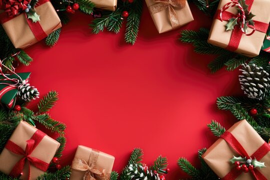 A festive Christmas wreath with presents and pine cones on a red background, ideal for holiday promotions or winter-themed designs
