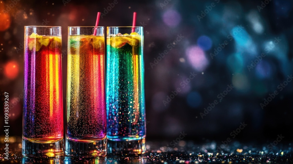 Poster glasses with colorful liquids on a table