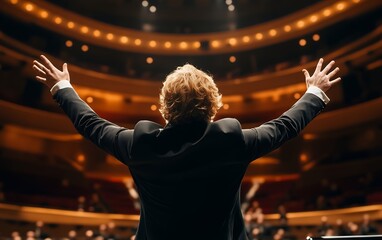 Back view of conductor with raised arms in concert hall, dramatic stage lighting and theater...