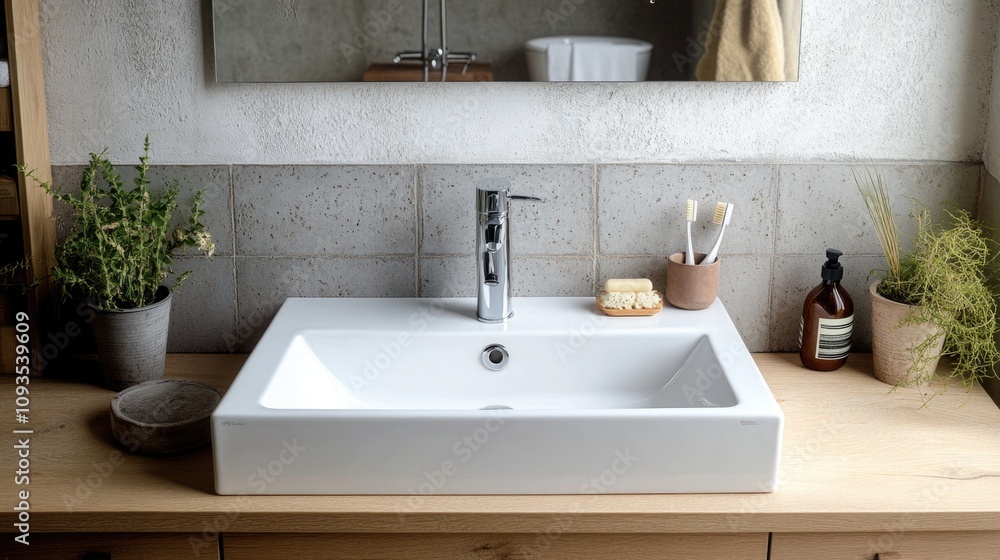 Poster A standard-sized bathroom sink with a rectangular mirror mounted above it