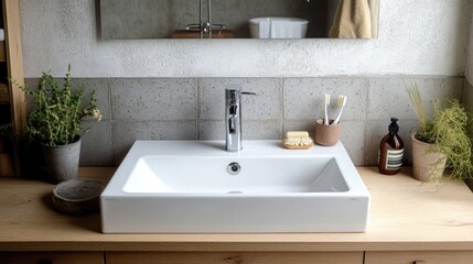 Fototapeta premium A standard-sized bathroom sink with a rectangular mirror mounted above it
