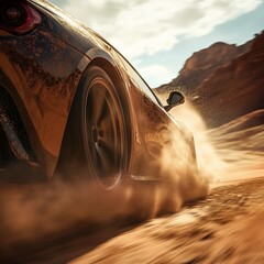 cinematic sports car shot desert canyon dust swirling rapid speed wide angle thrilling dynamics