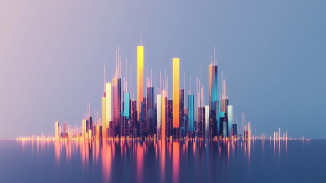 Sleek and modern abstract background with a minimalist cityscape made of glass, featuring vertical bar charts rising against a gradient blue sky