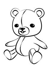 Obraz premium Vector illustration for children of a cute teddy bear, drawn with simple black lines on a white background. The teddy bear is sitting, with rounded ears, a soft smiling face. Perfect for kids to color