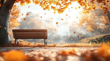 A serene park scene with a bench surrounded by autumn leaves.