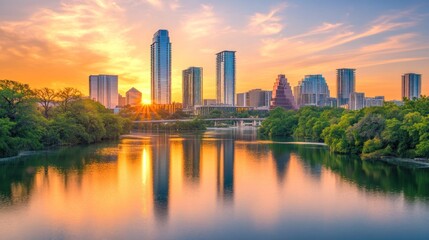 Obraz premium Austin Texas Skyline Sunset Cityscape Reflection