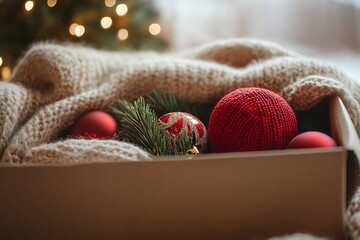 Red Christmas ornaments and knitted baubles with pine branches on soft woolen texture, creating warm holiday atmosphere