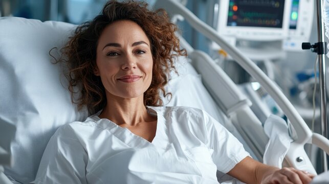 A content patient smiles in a hospital bed, reflecting joy and relief, surrounded by medical equipment symbolizing progress, care, and successful recovery.