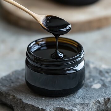 Black shilajit honey drips from spoon into jar. Natural stone background. Healthy superfood. Premium quality product photo. Natural light. Organic product. Health, wellness. Natural remedy.