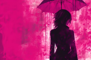 Elegant silhouette of a girl with an umbrella against a light backdrop highlighting shadows