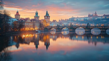 Obraz premium A picturesque view of Prague's Charles Bridge with the Vltava River reflecting the city lights and a stunning sunrise.