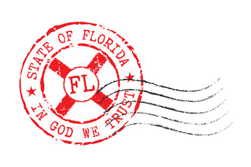 A postal rubber stamp with two inscriptions STATE OF FLORIDA and IN GOD WE TRUST, with the flag of Florida in the middle of the stamp and FL zip code. 