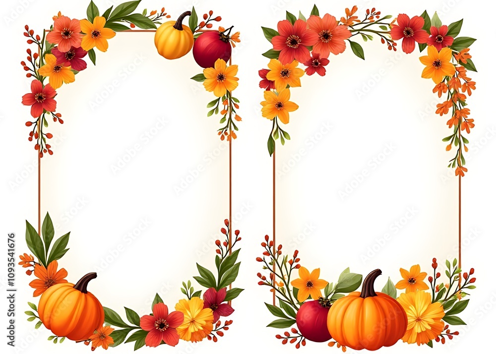 Poster Set of four templates featuring seasonal fall produce and flowers around a central copy space and text in a colorful vector illustration style.