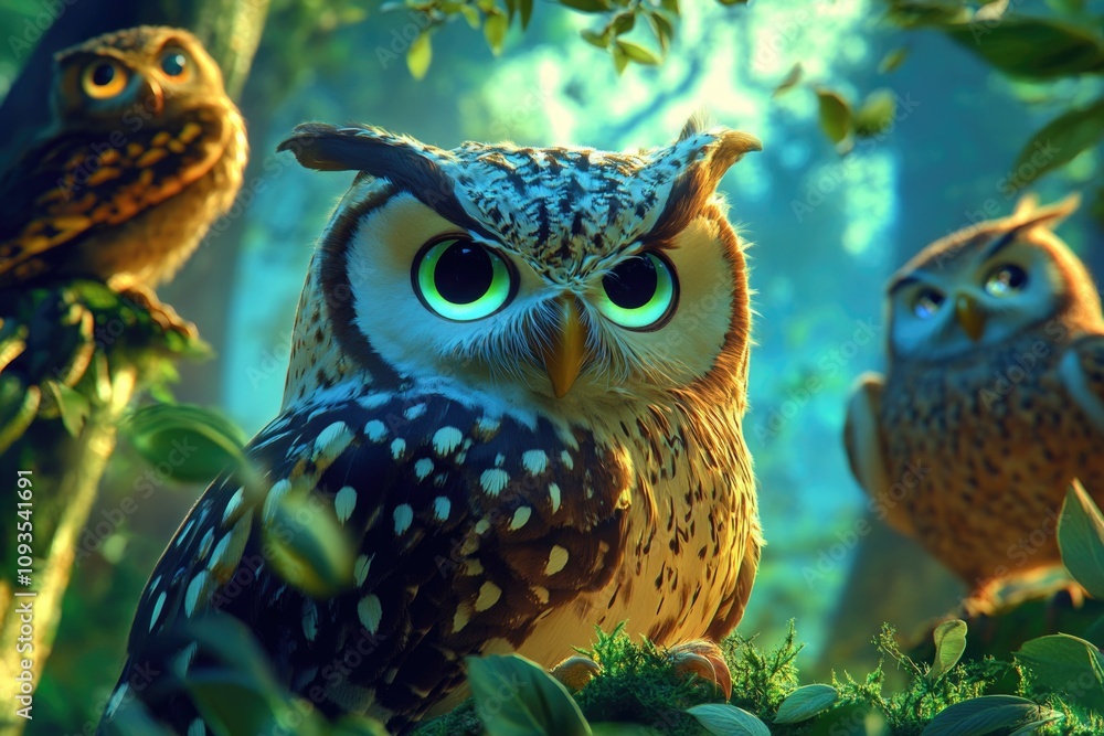 Poster group of owls perched on treetops in a dense forest, surrounded by lush greenery